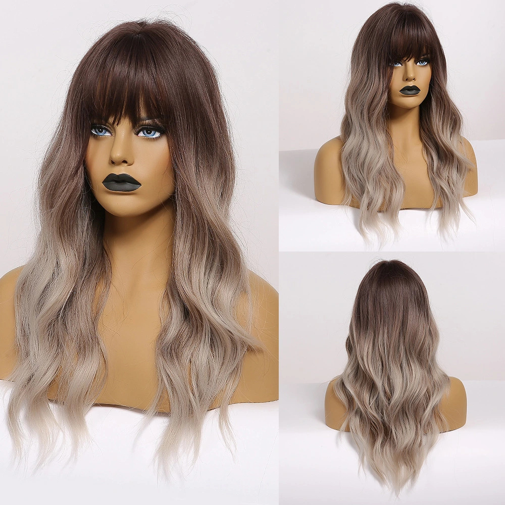 Ash Blonde Wavy Synthetic Wigs with Bangs Natural Looking Heat Resistant Fiber Hair for Women (AV-SW052)