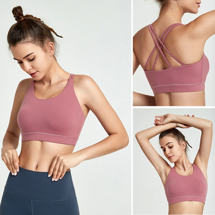 Wholesale Crisscross Back Yoga Bra with Removable Cups, OEM Soft Supportive Active Wear Strappy Padded Tank Tops Workout Running Yoga Sporty Lingerie