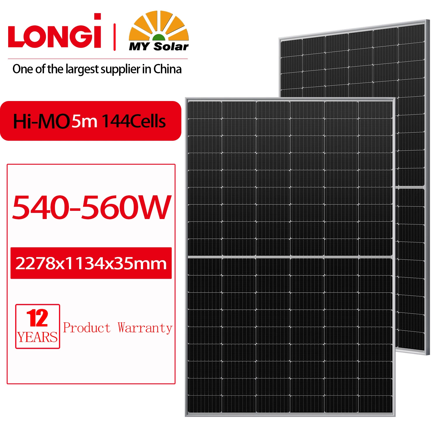 Longi/Mysolar Hi-Mo5m Lr5-72hph 540W 545W 550W 555W 560W Panneau solaire pour système d'alimentation domestique.
