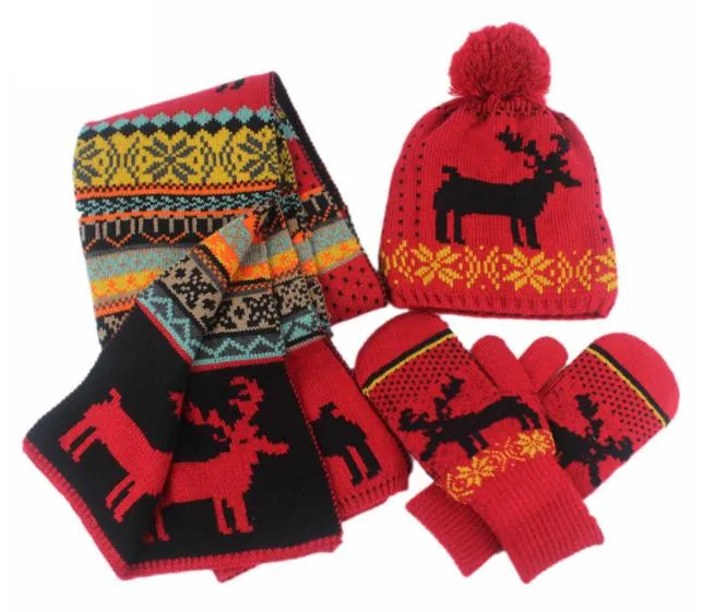 Acrylic Jacquard Knitted Winter OEM Wholesale Warm Christmas Hat Scarf Glove Set