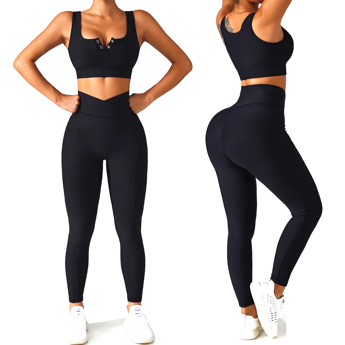 2PCS Hyperflex Ribbed Ropa De Yoga Athletic Set Sportswear for Women, Custom Sports Bra with Snap Button + Cross Waist Leggings Gym Running Exercise Clothing