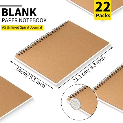 22 Packs A5 50 Sheets 100 Pages, 8.3 X 5.5 Inches, Brown (Unlined Style) Hard Cover Spiral Journal Spiral Notebook Wide Ruled Pages