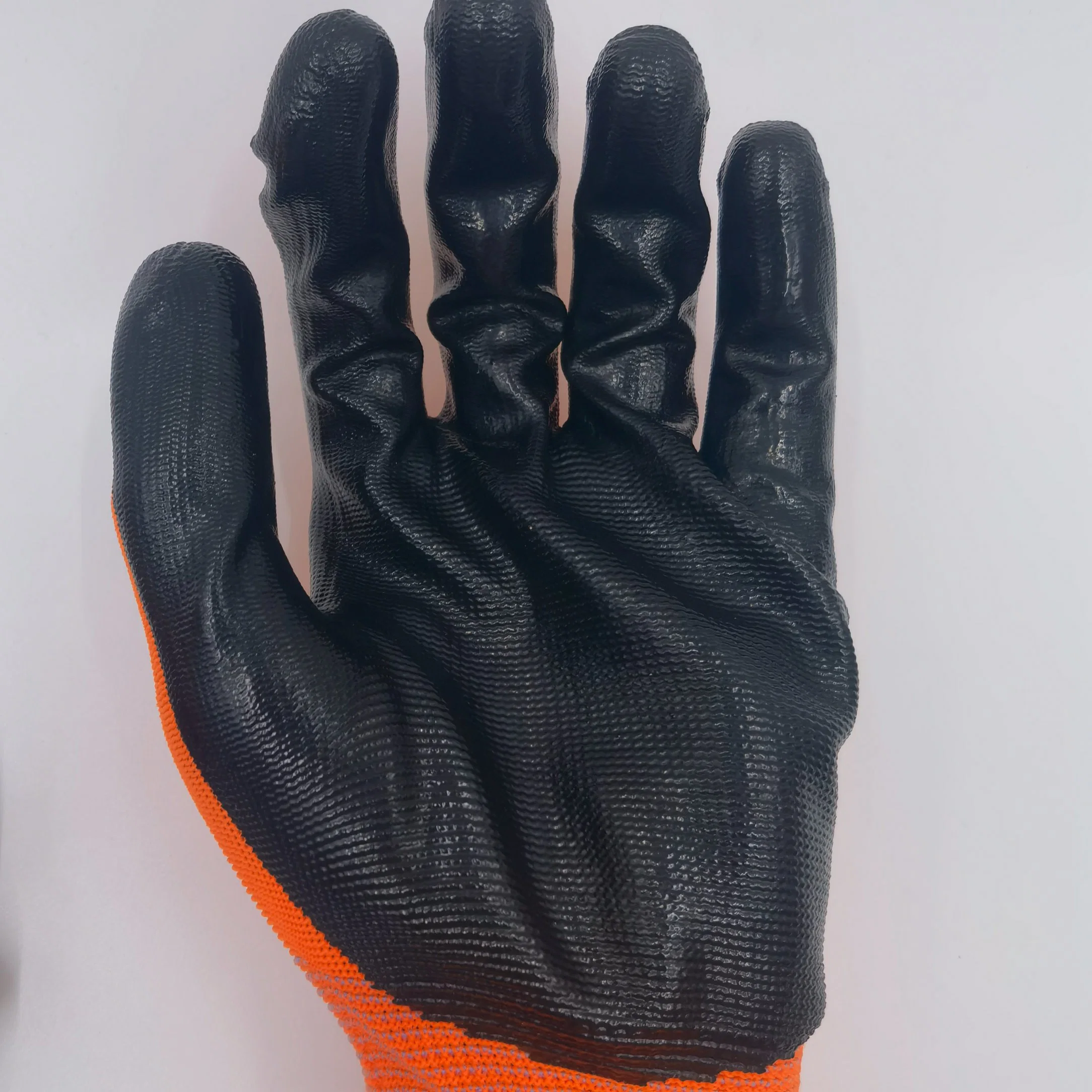 El trabajo de Nylon 13 meden Guantes de nitrilo de poliéster de color naranja con recubrimiento de nitrilo Shell Guantes de trabajo con el logotipo de impresión