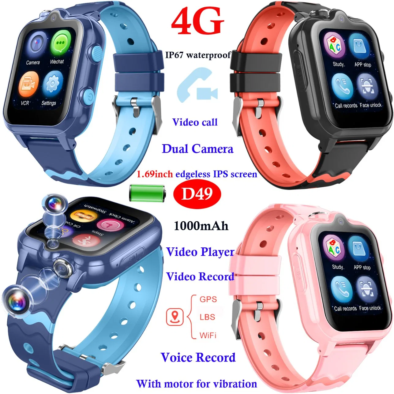 Usine d'approvisionnement Nouvelle Vente Top 4G IP67 étanche Enfant Tracker Kids GPS Montre intelligente avec écran sans bordure Double caméra pour le suivi mondial de la condition physique D49