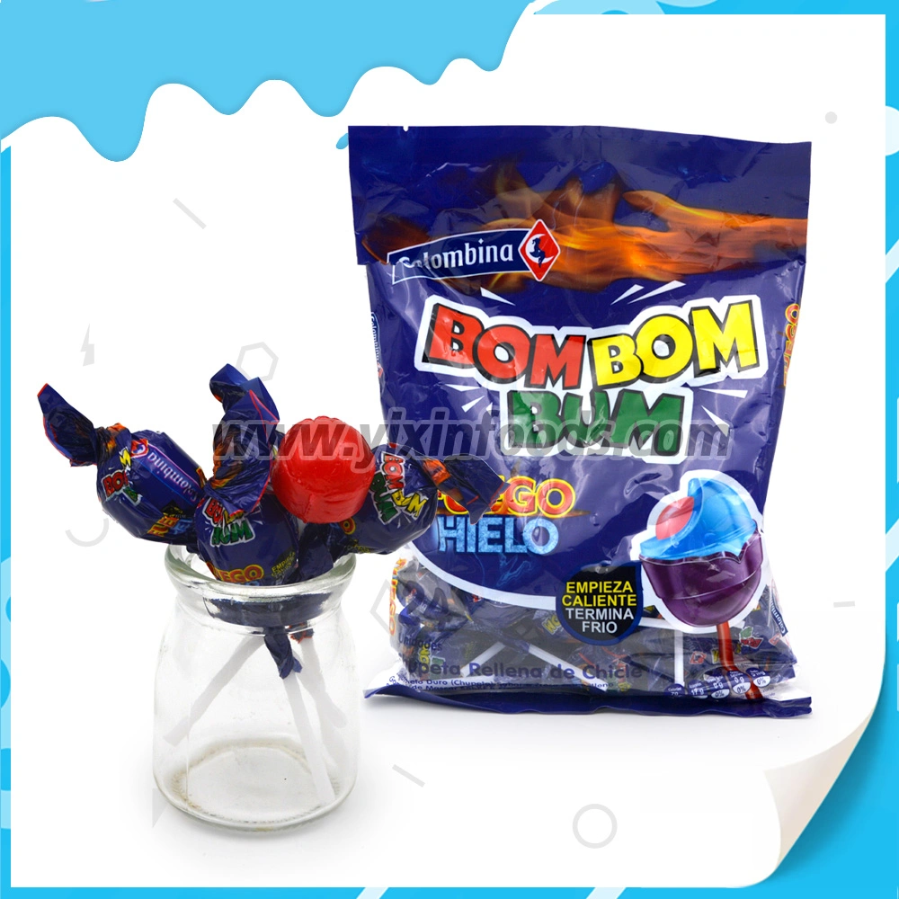 Bag Packing Bom Bom Blueberry Flavor Hard Lollipop with Gum Candy