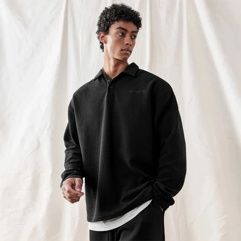Custom Casual Breathable Black Men's Embroidery Long Sleeve Polo Shirt