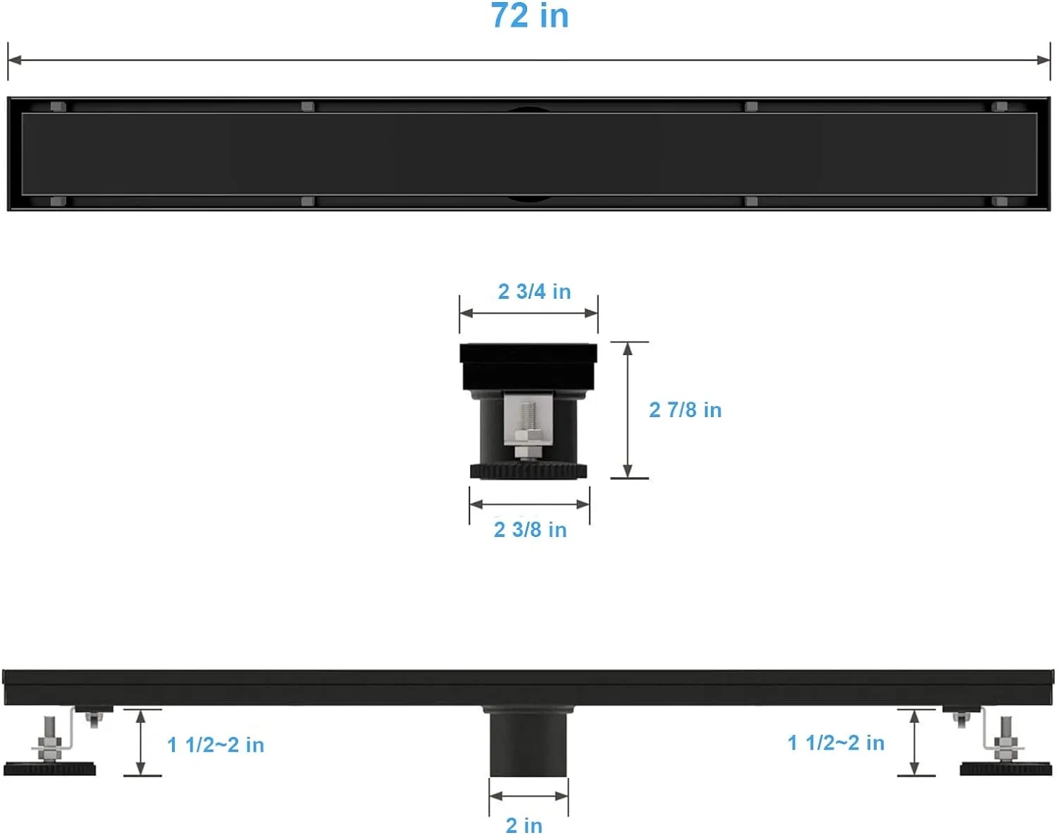 72 Inch Shower Linear Black Drain Rectangular Floor Drain