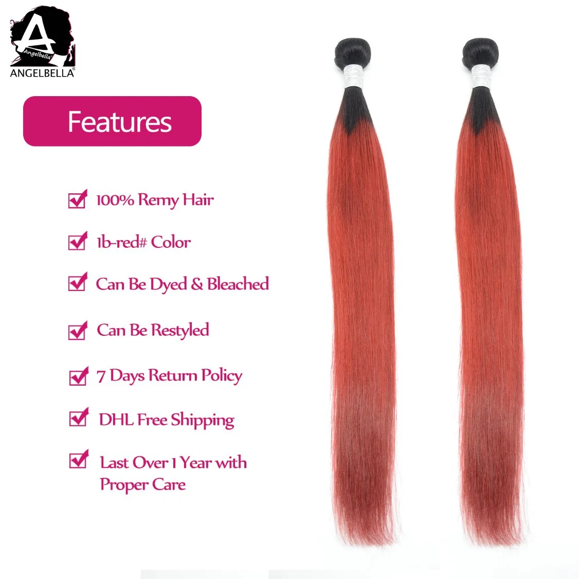 Angelbella Unprocessed Raw 1b#-Red Cuticle Aligned Hair Remy Cheap Brazilian Hair Weaving