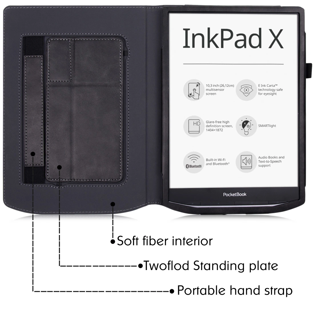 Suporte duplo para Pocketbook Inkpad X PU luva protetora de couro de suspensão automática da tampa