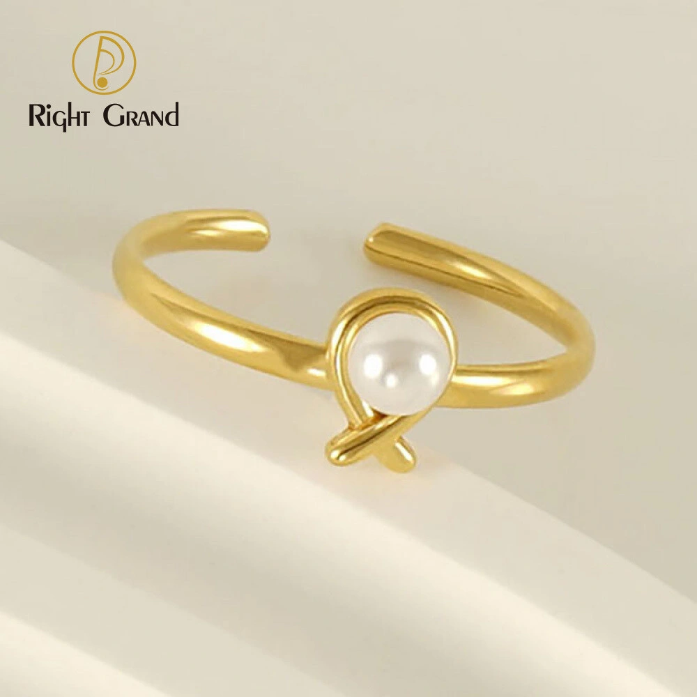 Fashion Jewelry Adjustable 18K Gold Plated Stainless Steel Diamond Mountings Pearl Ring