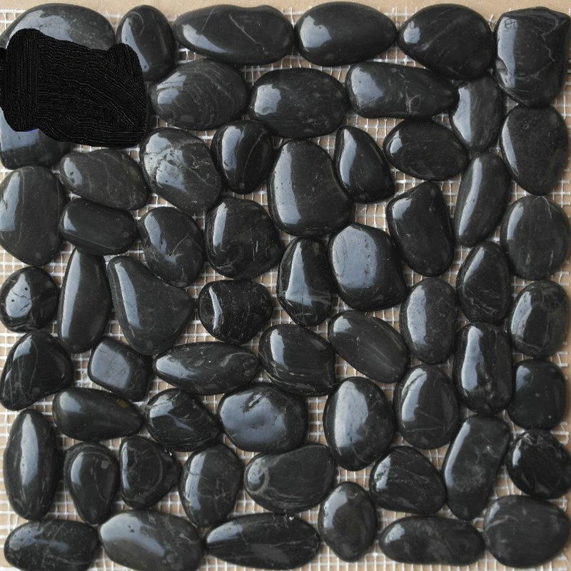 River Stone/ Beach Stones Meshed on Net Black Pebble Tile