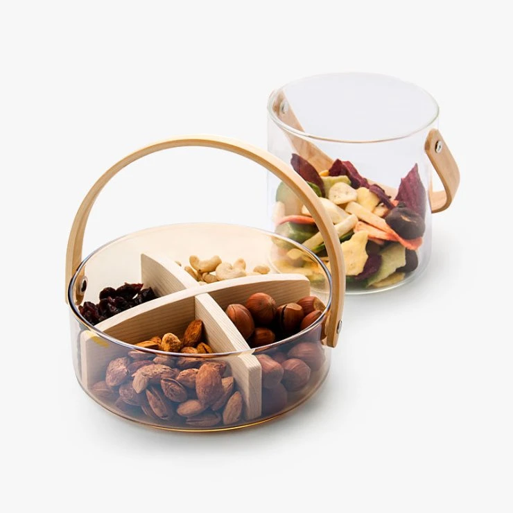 Portable Glass Fruit Tray Transparent Ice Wine Bucket Snack Fruit Storage Basket with Wooden Handle