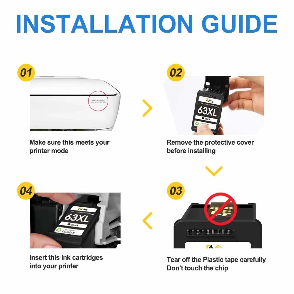 HP 63 63XL 63XL for Envy 4520 4512 4513 4516 Ink Cartridge for HP Officejet 3830 5255 5258 Deskjet 1112 1110 3630 3632 3634 2130 2132 Printer Ink Cartridge