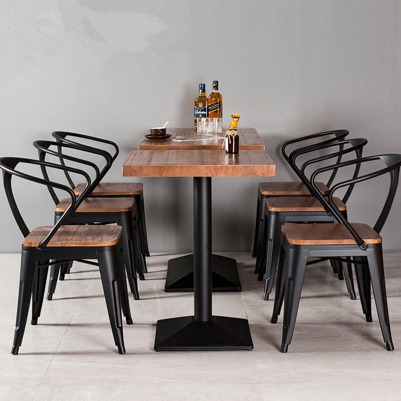 Modern Wood Cafe Restaurant Fast Food Bar Dining Furniture Industrial Style Iron Stackable Vintage Bistro Tables and Chairs Sets