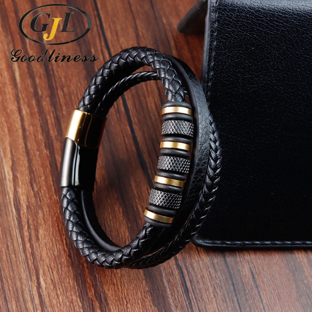 Fashion Jewelry Stainless Steel Leather Bangle Braided Bracelet for Men