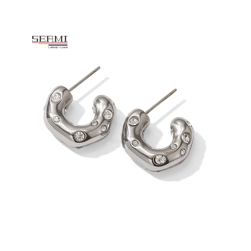 Hammer Zircon C-Shaped Titanium Steel Earrings Fashion Jewelry