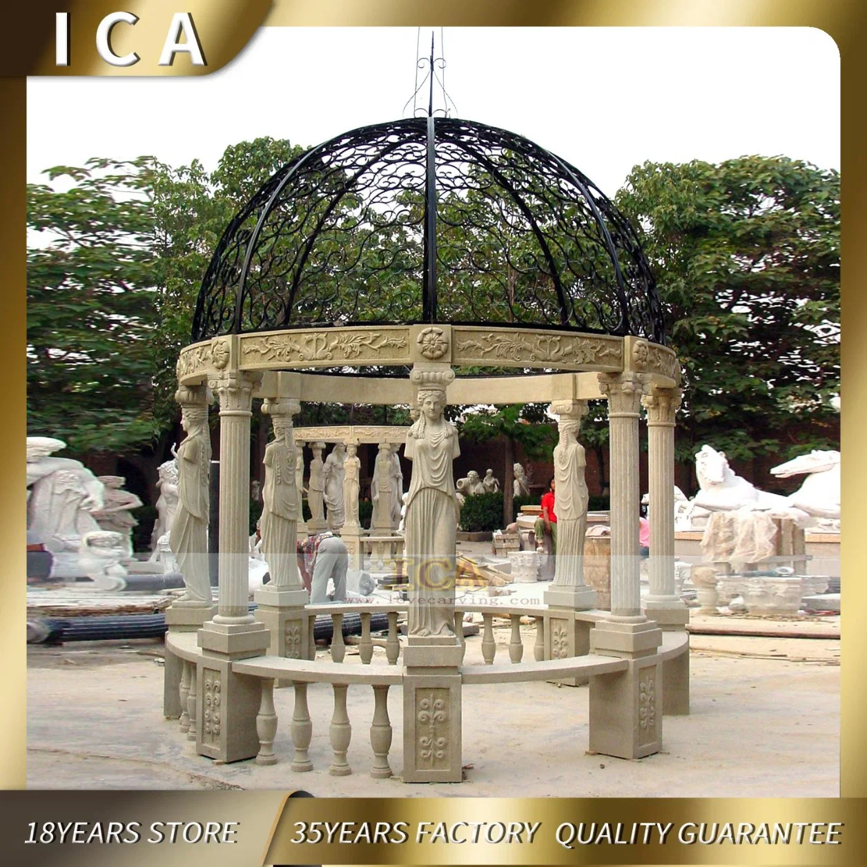 Large Hand Carved Outdoor Natural Stone Pavilion Big Hunan Sculptures White Marble Garden Gazebo for Sale