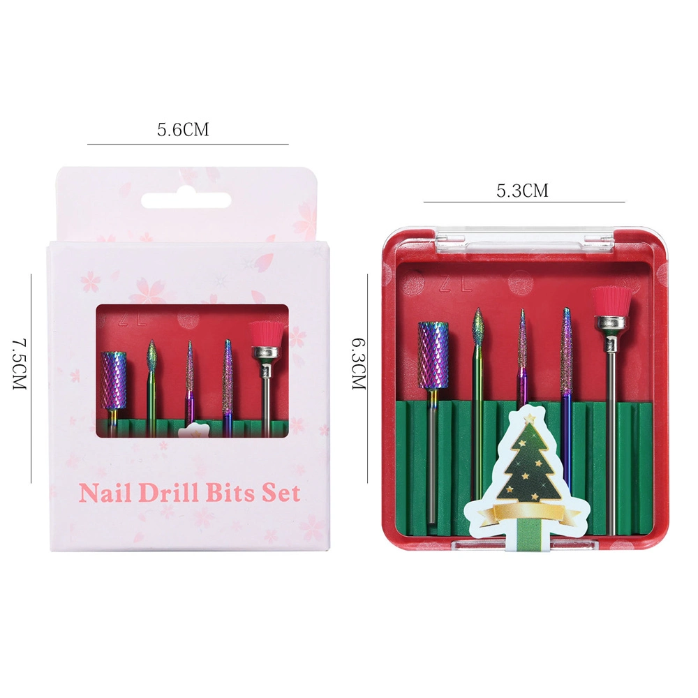 Vente en gros Noël 5 en 1 Kit de tête de forets pour ongles Embout en carbure de clou manucure outil de pédicure en tungstène Forets à ongles Définir les forets en carbure de tungstène Nail