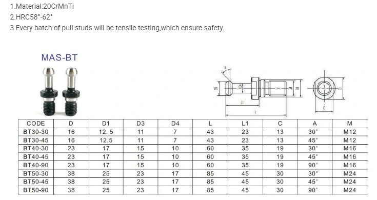 CNC machine Outils Accessoires goujon de traction BT40 pour CNC