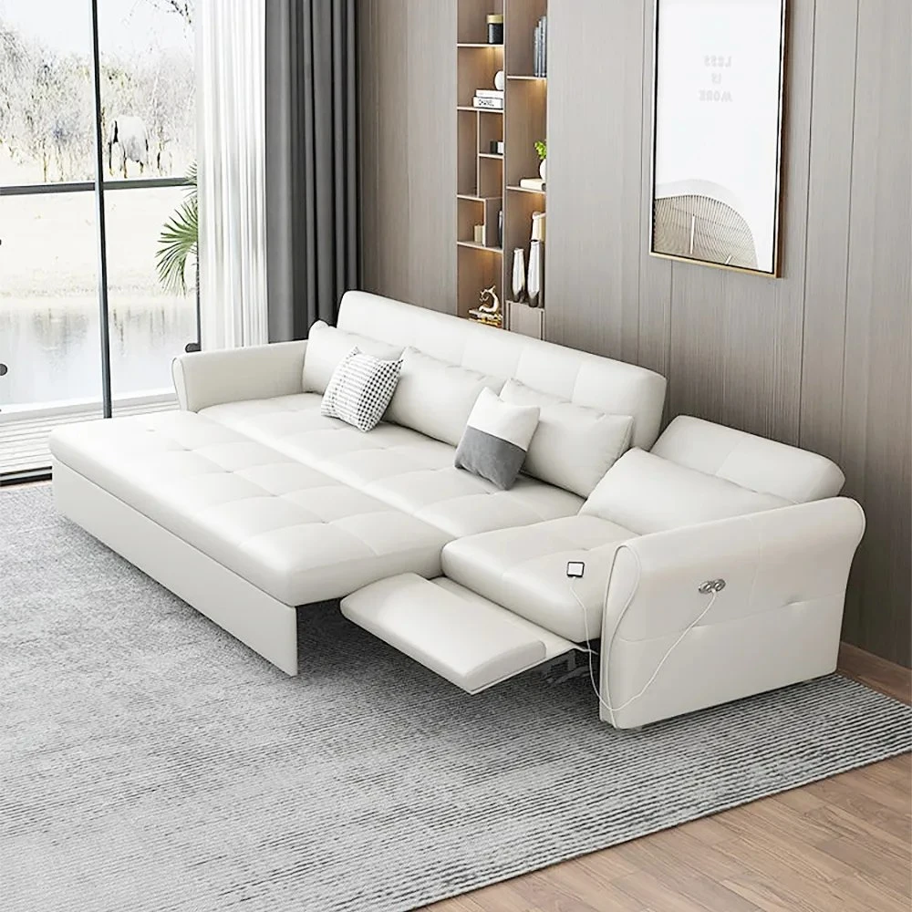 Nova moderna sala de estar mobiliário 3 lugares Sectional Sofá couro Sofá-cama Divan sofás-cama multifuncionais com USB Portas