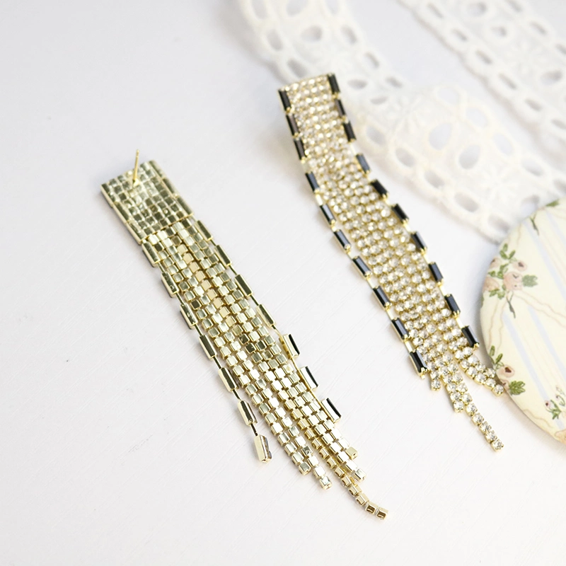 Wholesale/Supplier Long Earrings Jewelry Gold Plated Bling Crystal Rhinestones Tassel Drop Earrings for Women