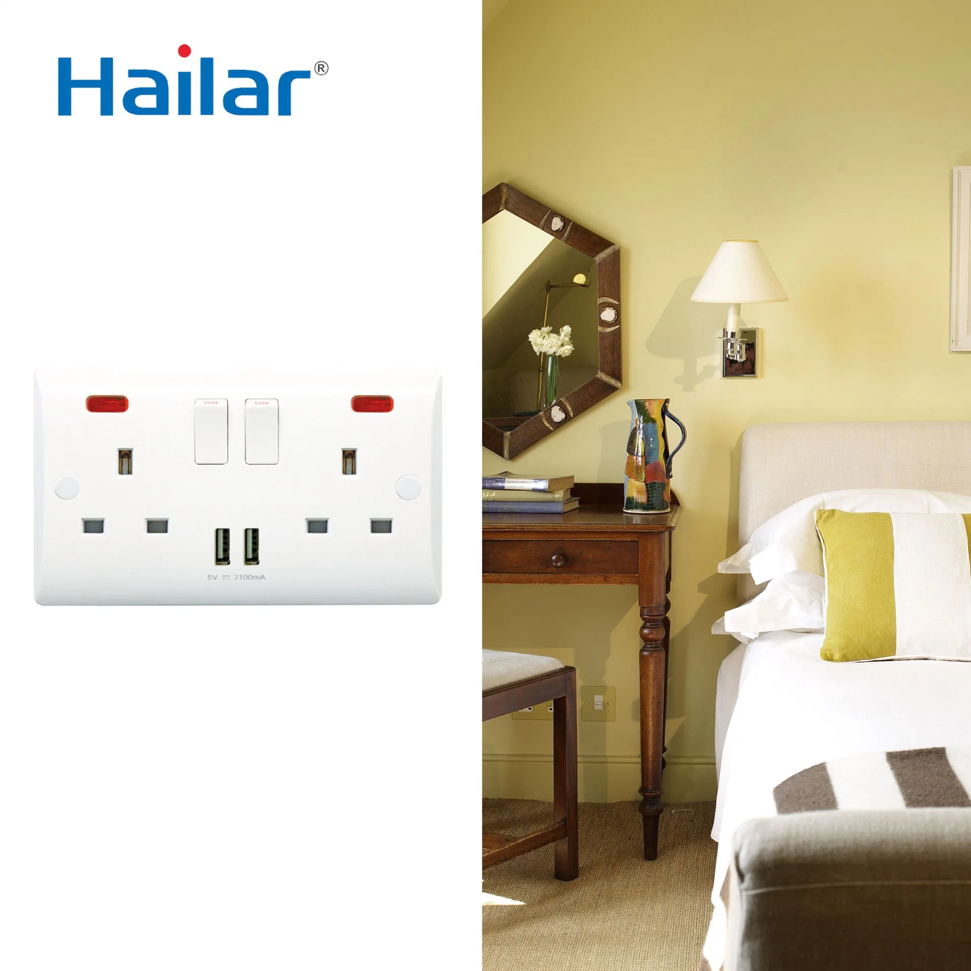 UK 13A 2gang Switched Socket +USB Outlet, Double Pole+Neon