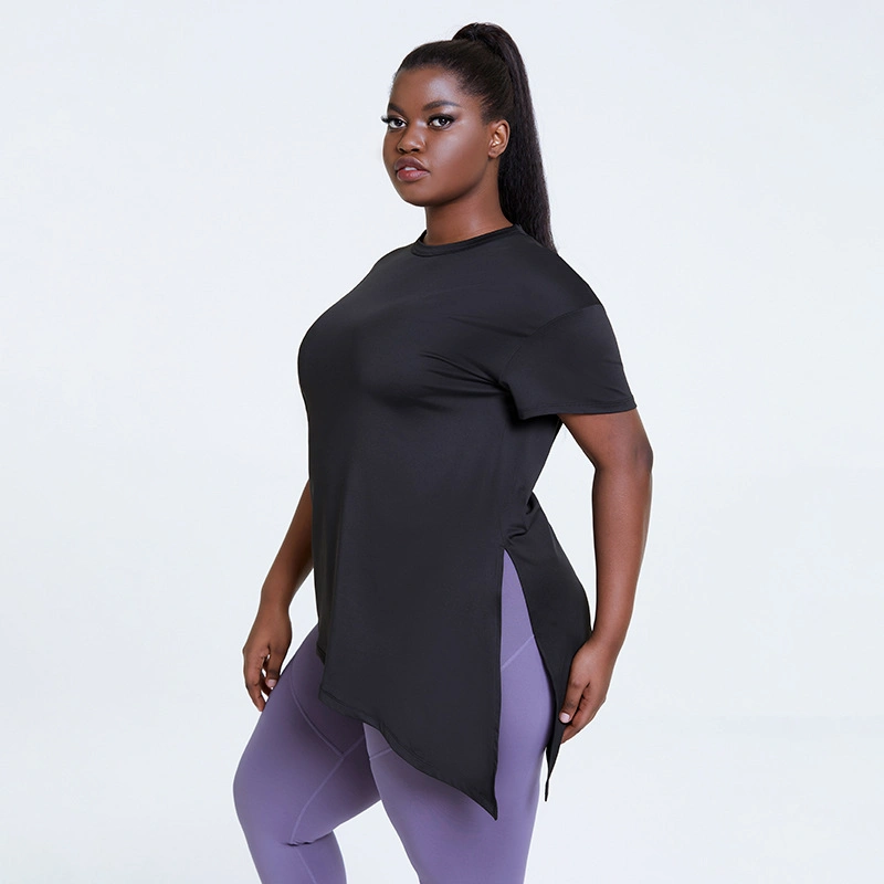 4XL Activewear Plus Size Workout Clothing Side Split Open Back Yoga Women Fitness Tops Gym Sport T Shirt