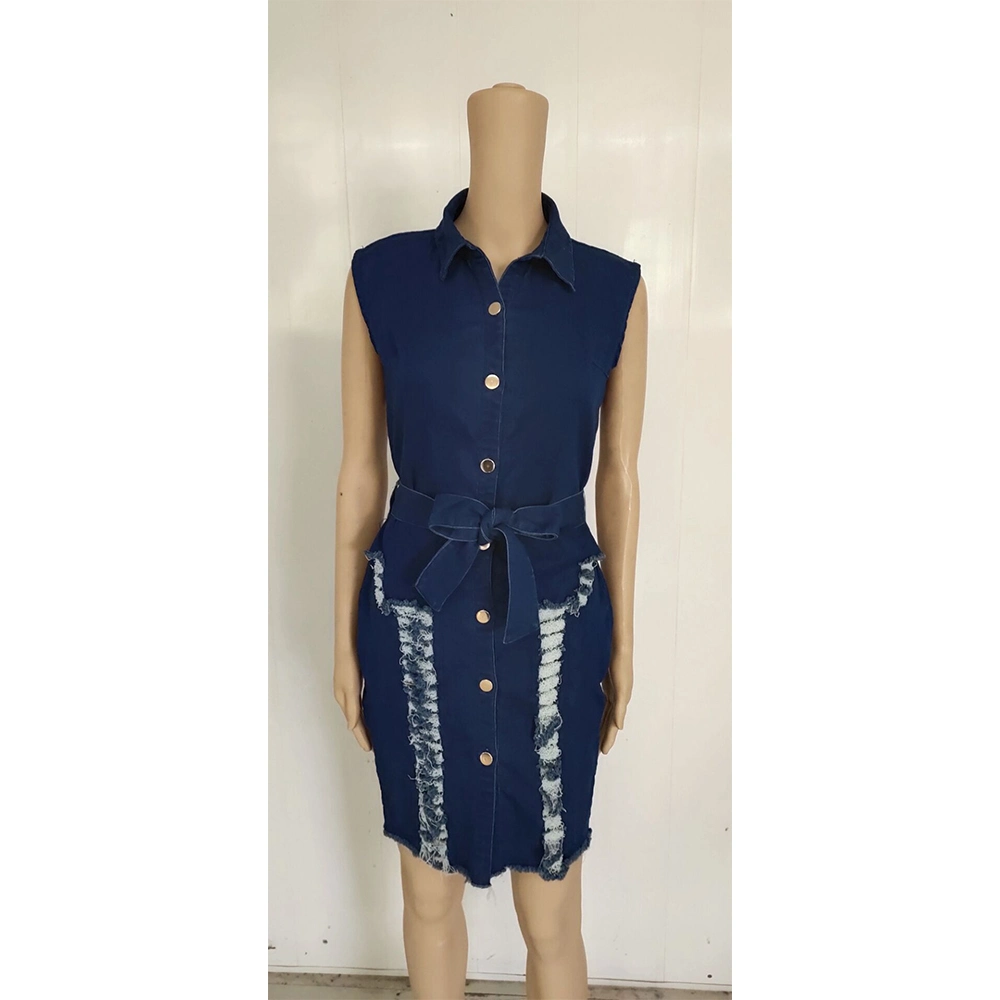 New Style Product V Neck Sexy Bandage Summer Sleeveless Dress Women Lady Casual Denim Dress