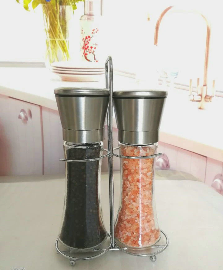 Stainless Steel Tall Salt and Pepper Grinder Set with Stand Esg11407