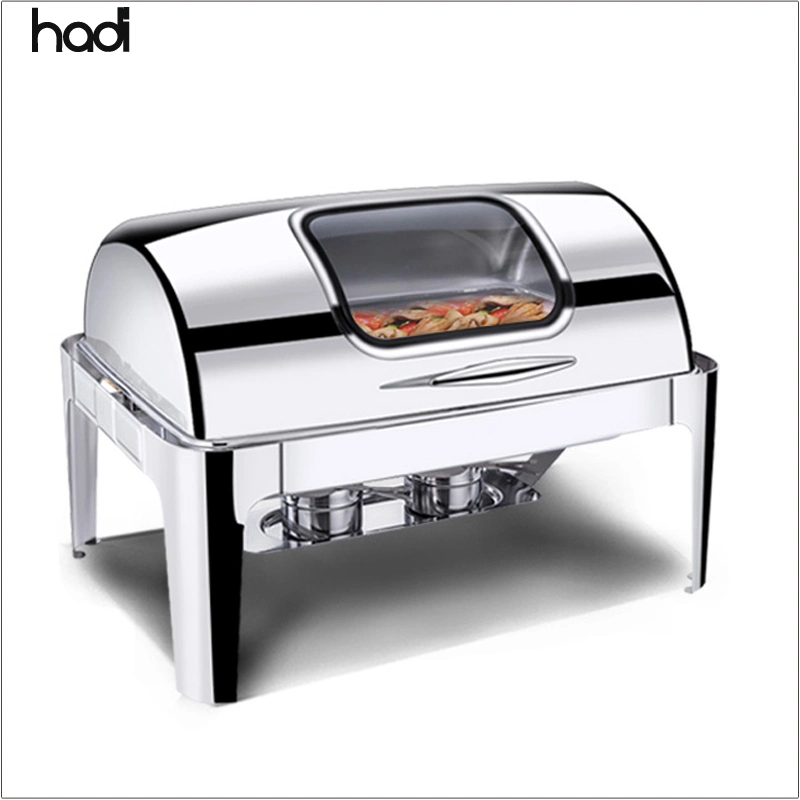 Luxury Decorative Fancy Chafing Dish 9.0L Large Capacity Rectangular Shape and Roll Top Chafing Dish Silver and Gold Color with Glass Window