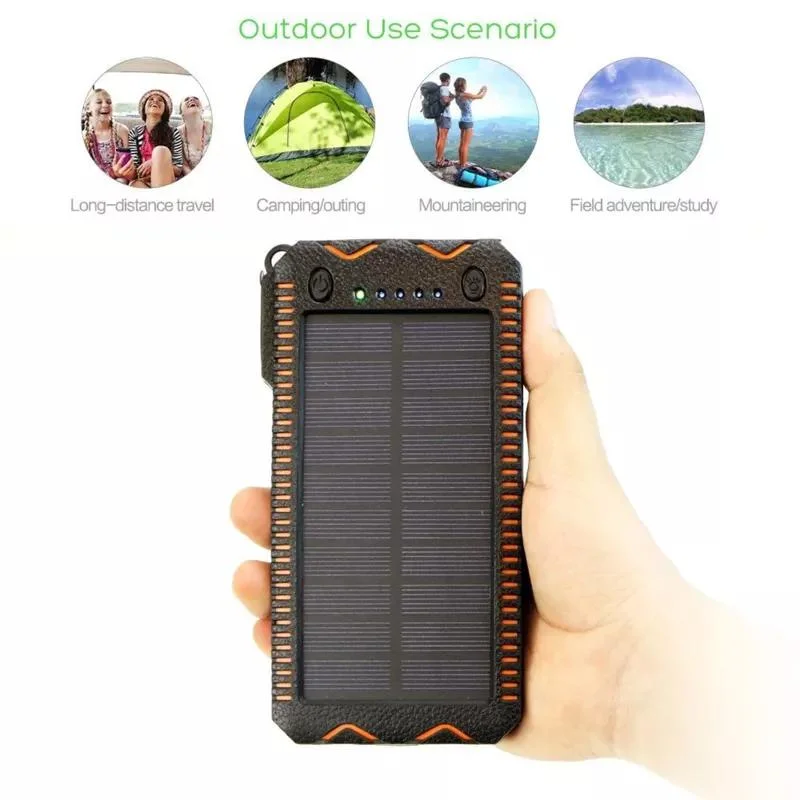 10000mAh Cargador Solar resistente al agua Solar potente batería Solar Cargador con dos luces LED USB