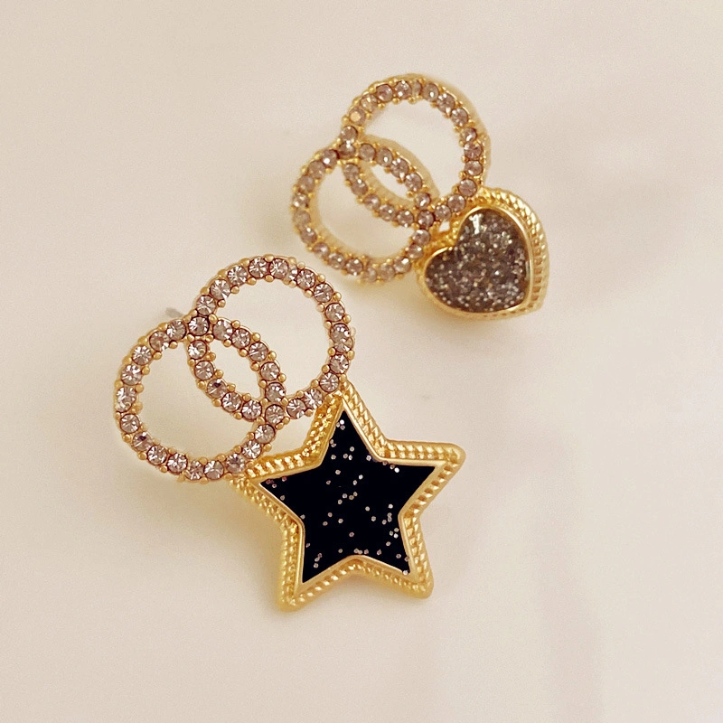 Fashion Small Fragrant Style Classic Rhinestone Black Star Love Earrings Jewelry