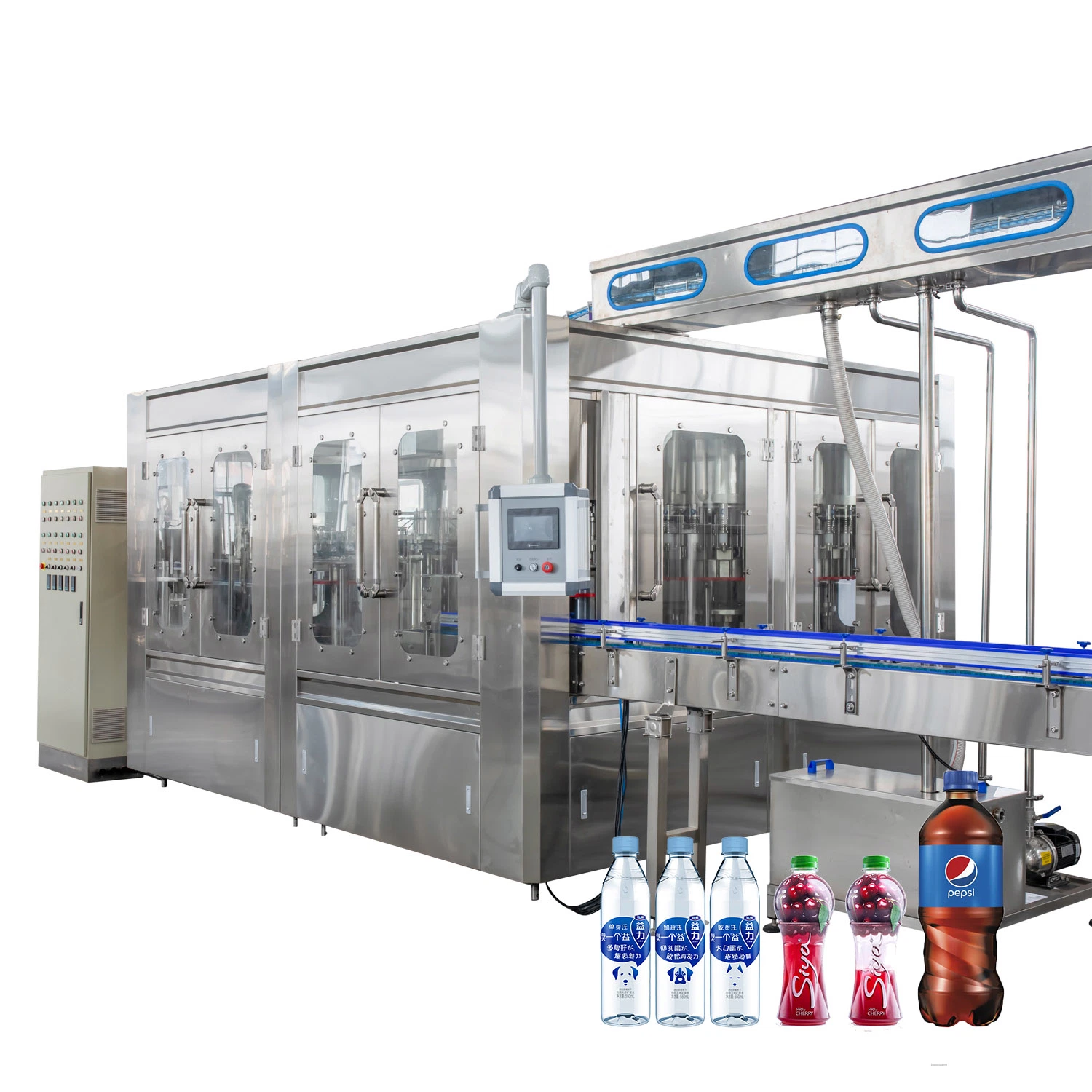 Máquina embotelladora de líquidos para bebidas alcohólicas, vino espumoso, agua mineral pura y agua potable en botellas de plástico PET de 330 ml, 500 ml y 1500 ml.