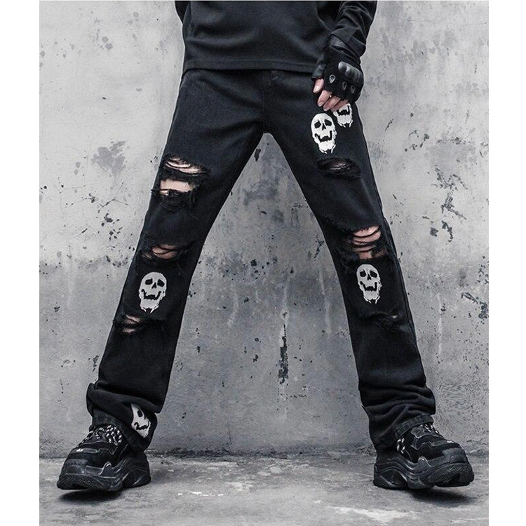 El hiphop pantalones jeans de mezclilla Pantalon de desgaste de la calle Pour pierna recta cráneo negro pantalones de hombre