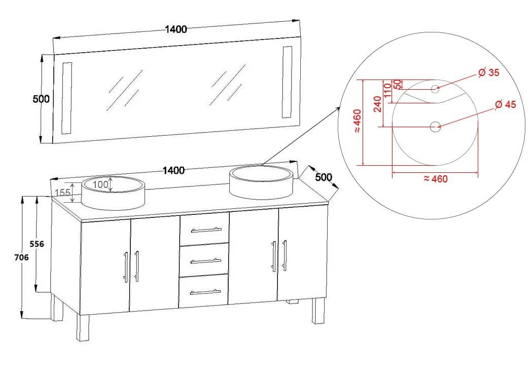 140cm de suelo negro Muebles de baño con lavabo doble