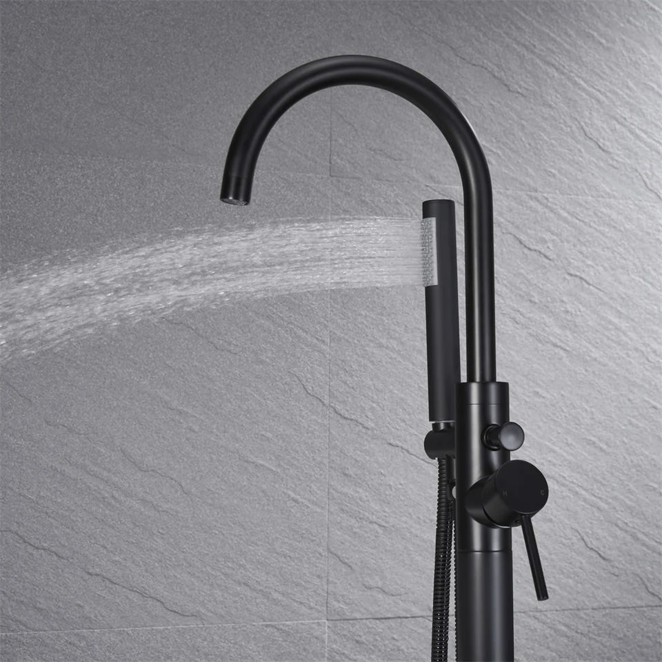 Wholesale/Supplier Freestanding Matt Black Floor Mounted Bathroom Brass Bathtub Faucet with Hand Shower