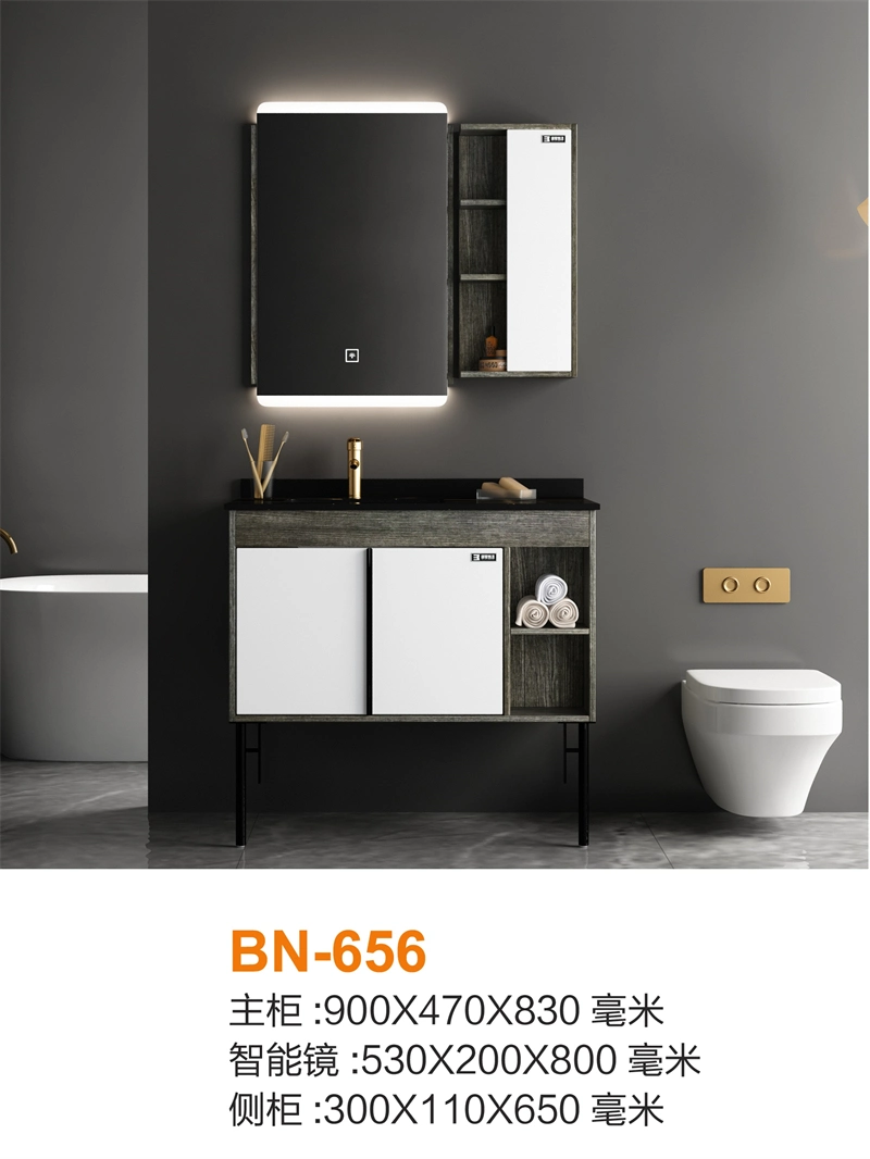 Luxury White Cabinet Door Bathroom Cabinet with Mirror Light Floor Black Rock Slab Basin Solid Wood Bathroom Vanity