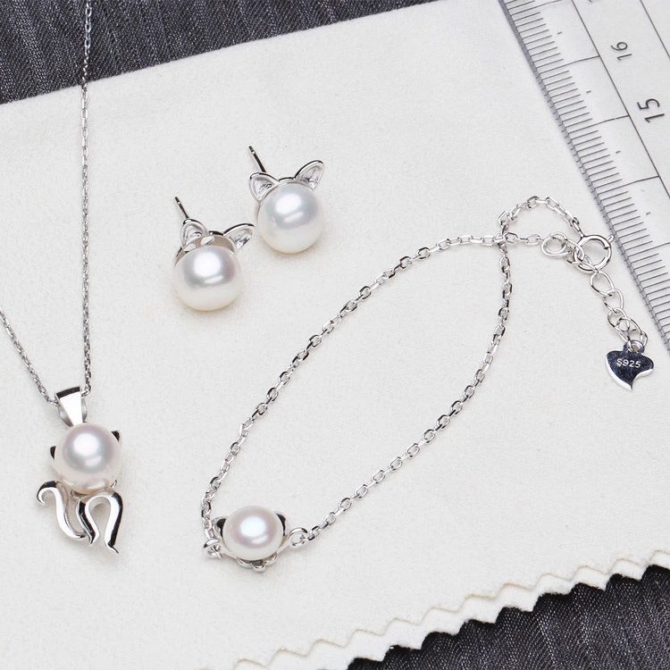 Cute Cute Cat Freshwater Pearl 925 Sterling Silver Ring Earrings Necklace Jewelry Set