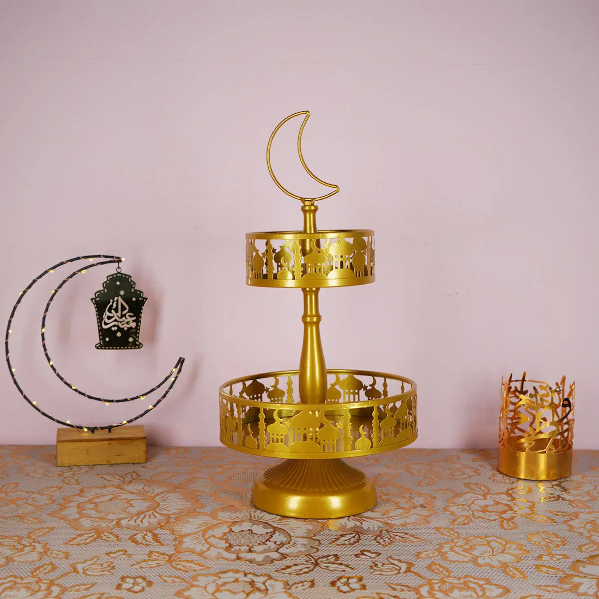 Party Decorate Cake Stand Two-Tier Ramadan Iron Castle Tray Wedding Holiday Decoration Candy Stand for Eid Mubarak Supplies