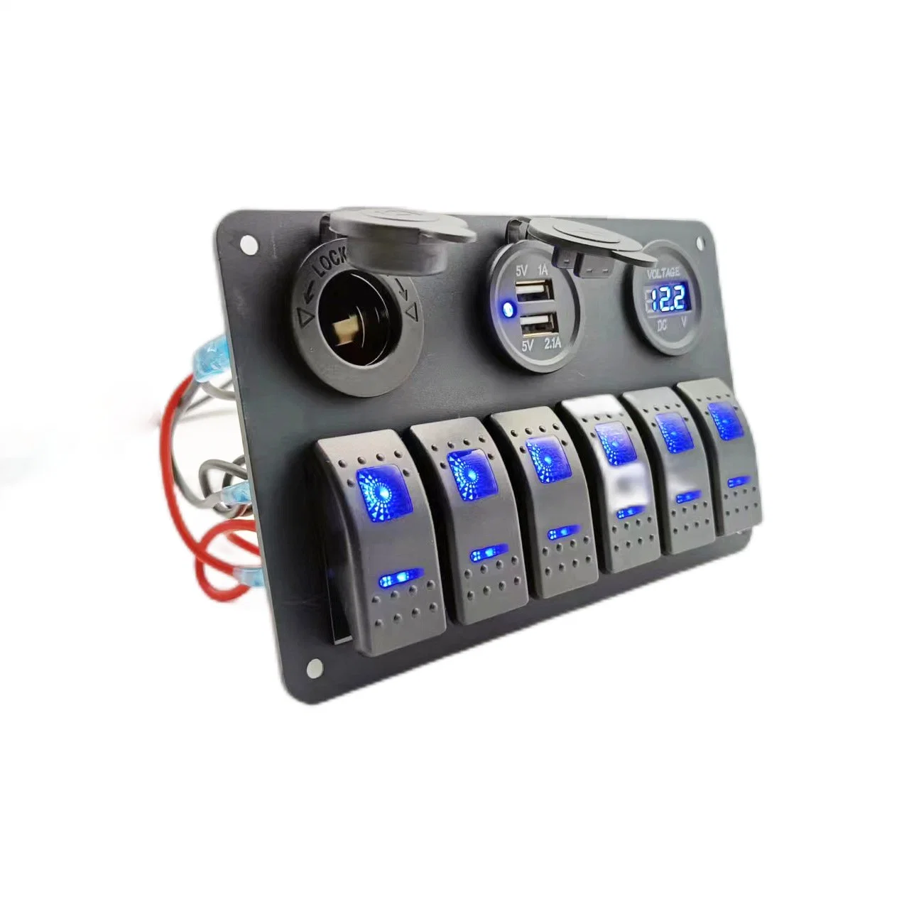 Vehicle Universal 6 Gang Switch Aluminum Plastic Panel with Voltmeter USB Socket Car RV Switch Panel