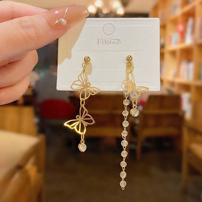 Korean Fashion Geometric Tassel Earrings S925 Silver Love Butterfly Gold Earrings