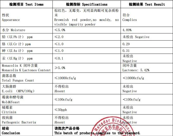 Natural Lovastatin Monacolin K 0.3%~5% Red Yeast Rice Powder Extract