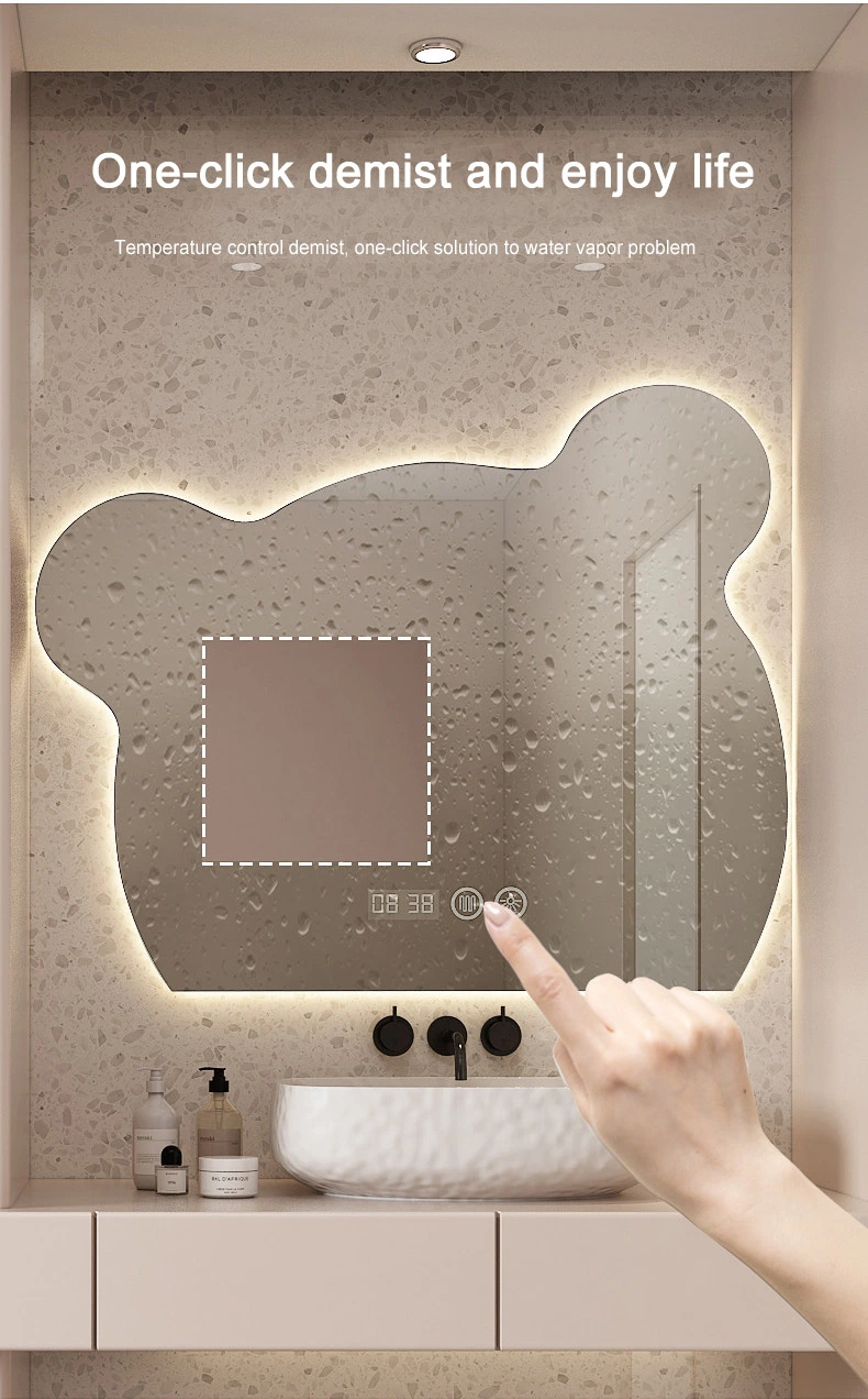 Venta caliente Cartoon con forma de retroiluminación Anti niebla Baño espejo de pared Baño espejo inteligente LED pantalla táctil