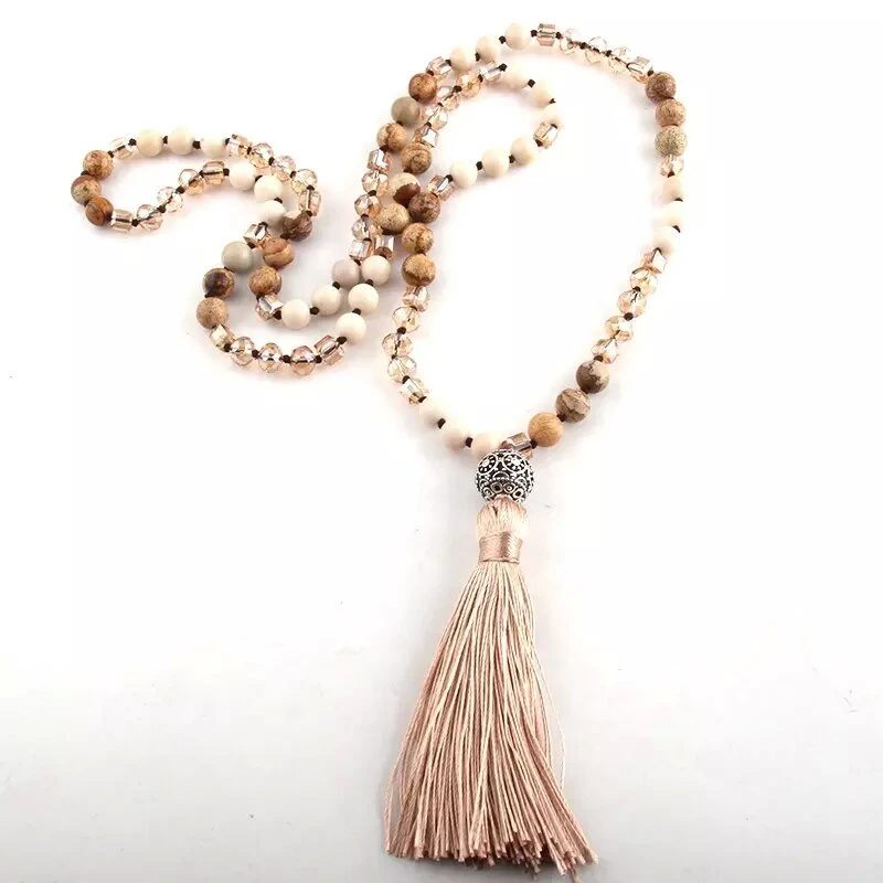 Natural Wood Bead Garland Set with Tassels Handmade Beads Wall Hanging Decor Charms Chain Necklace Bracelet for Women