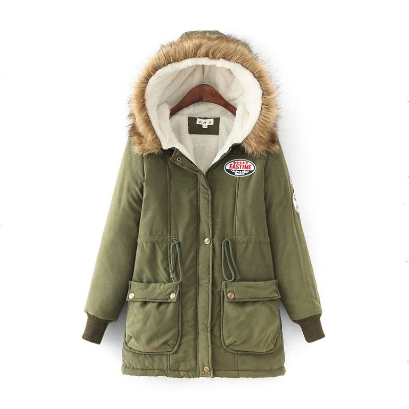 Warm Large Size Hooded MID-Length Lambswool Fur Collar Women's Cotton Jacket