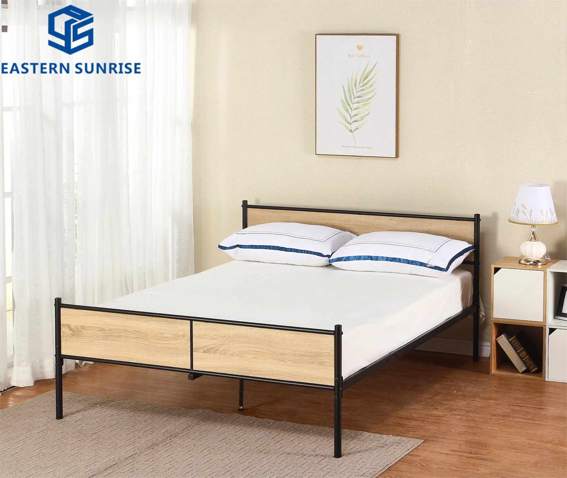 Modern Design Wooden Headboard and Metal Bed Frame Home Steel Bed