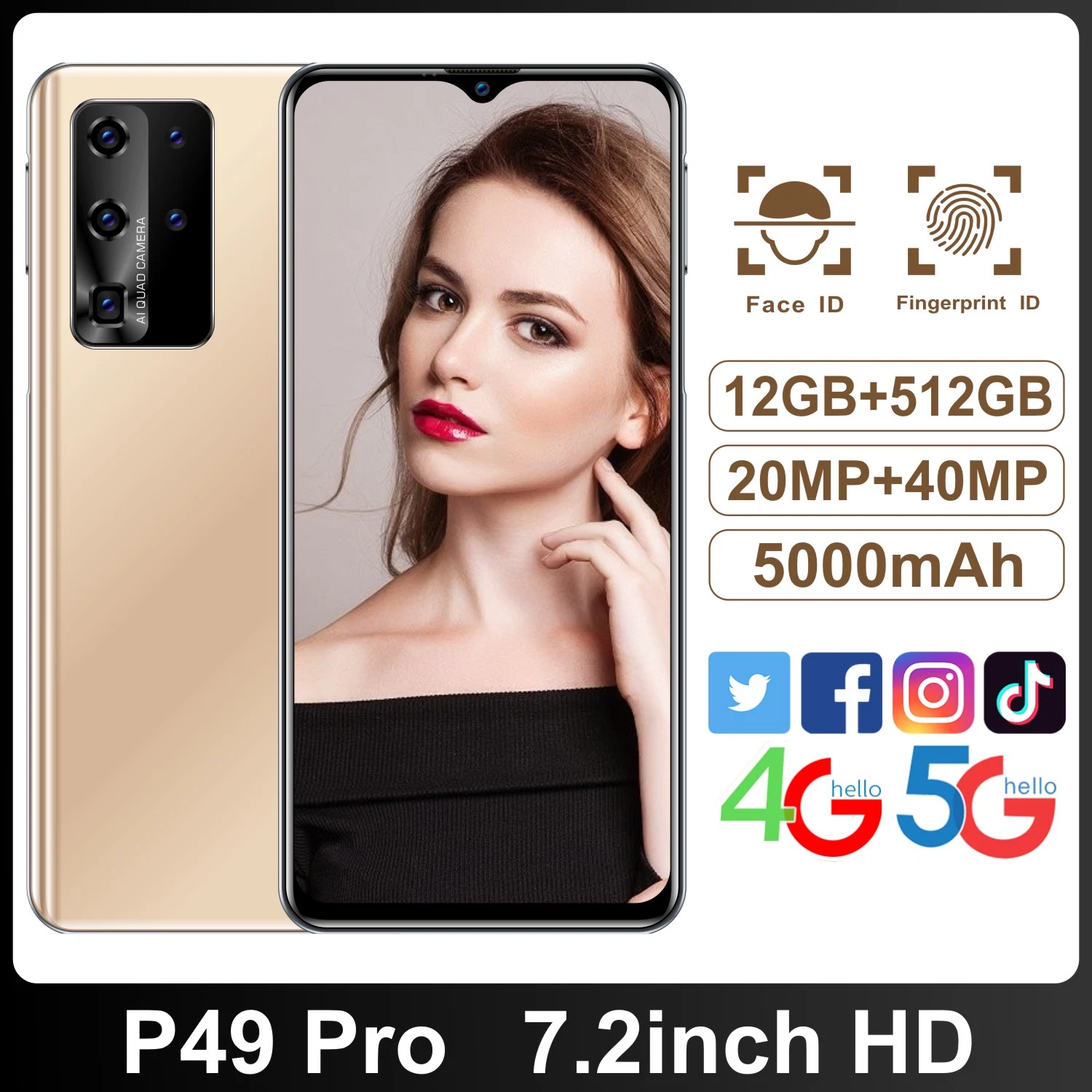 Téléphone intelligent avec écran complet Quad Camera 7,2" FHD+ 4 Go de RAM 64 Go de ROM Processeur Octa-Core