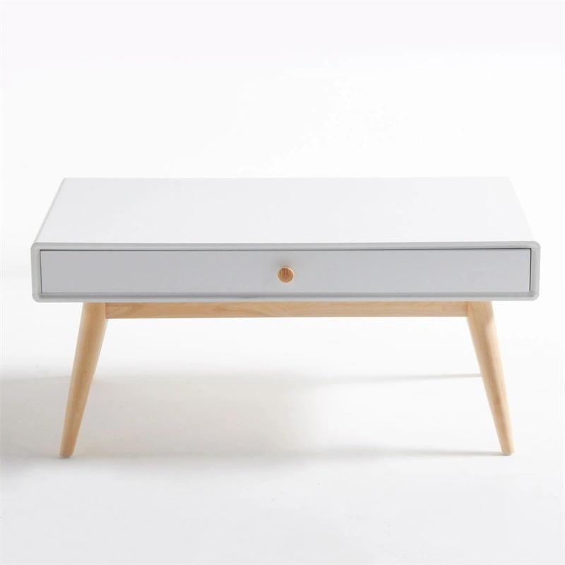 Mesa de café de madera blanca rectangular con un cajón