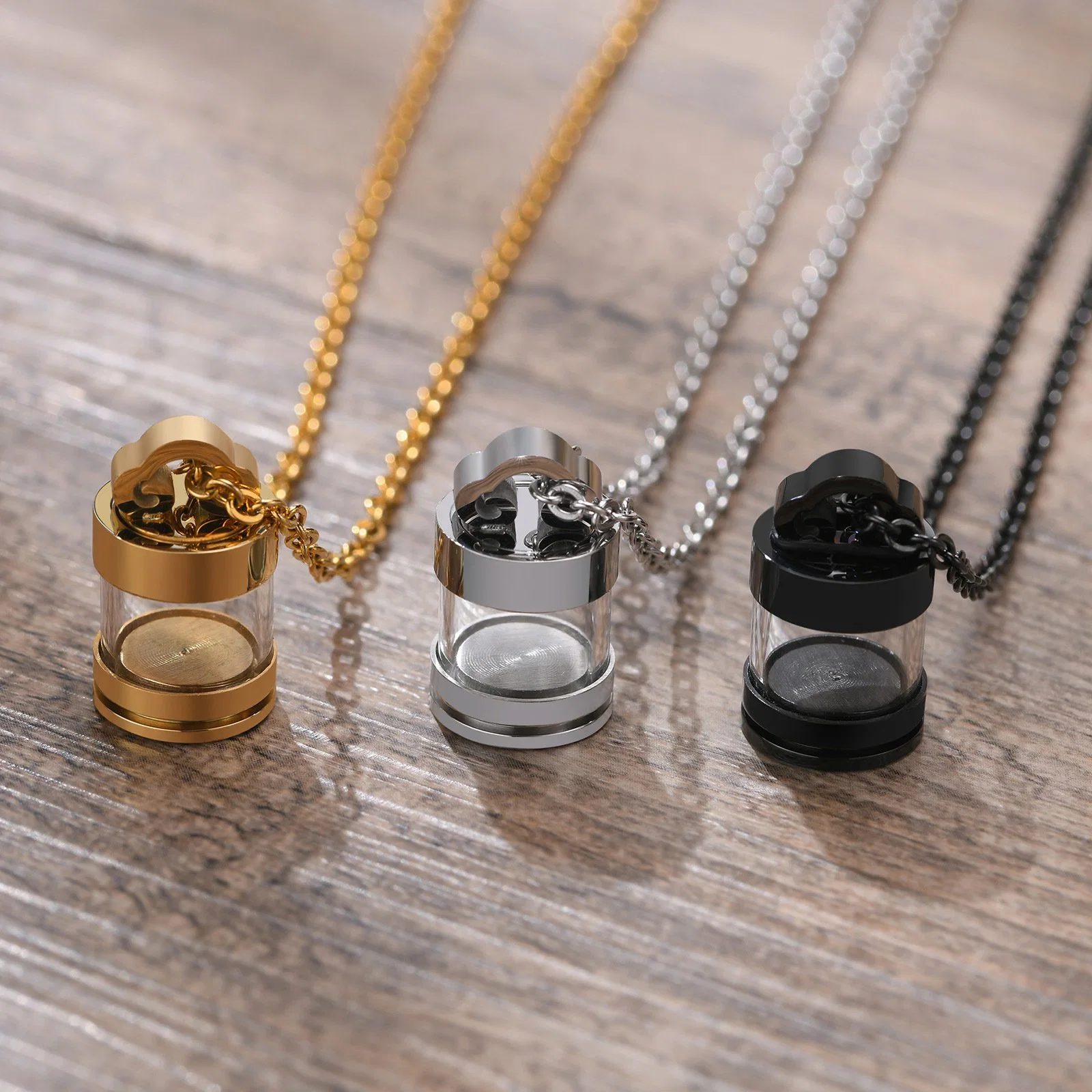 Stainless Steel Glass Clear Urn Can Be Opened Pendant Steel Color Men's and Women's Necklace Perfume Box