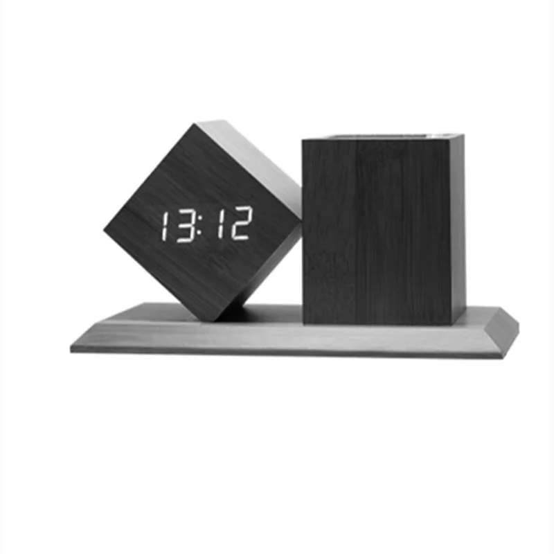 Temperature Display Triple Alarms Digital Wooden Desk Table LED Clock